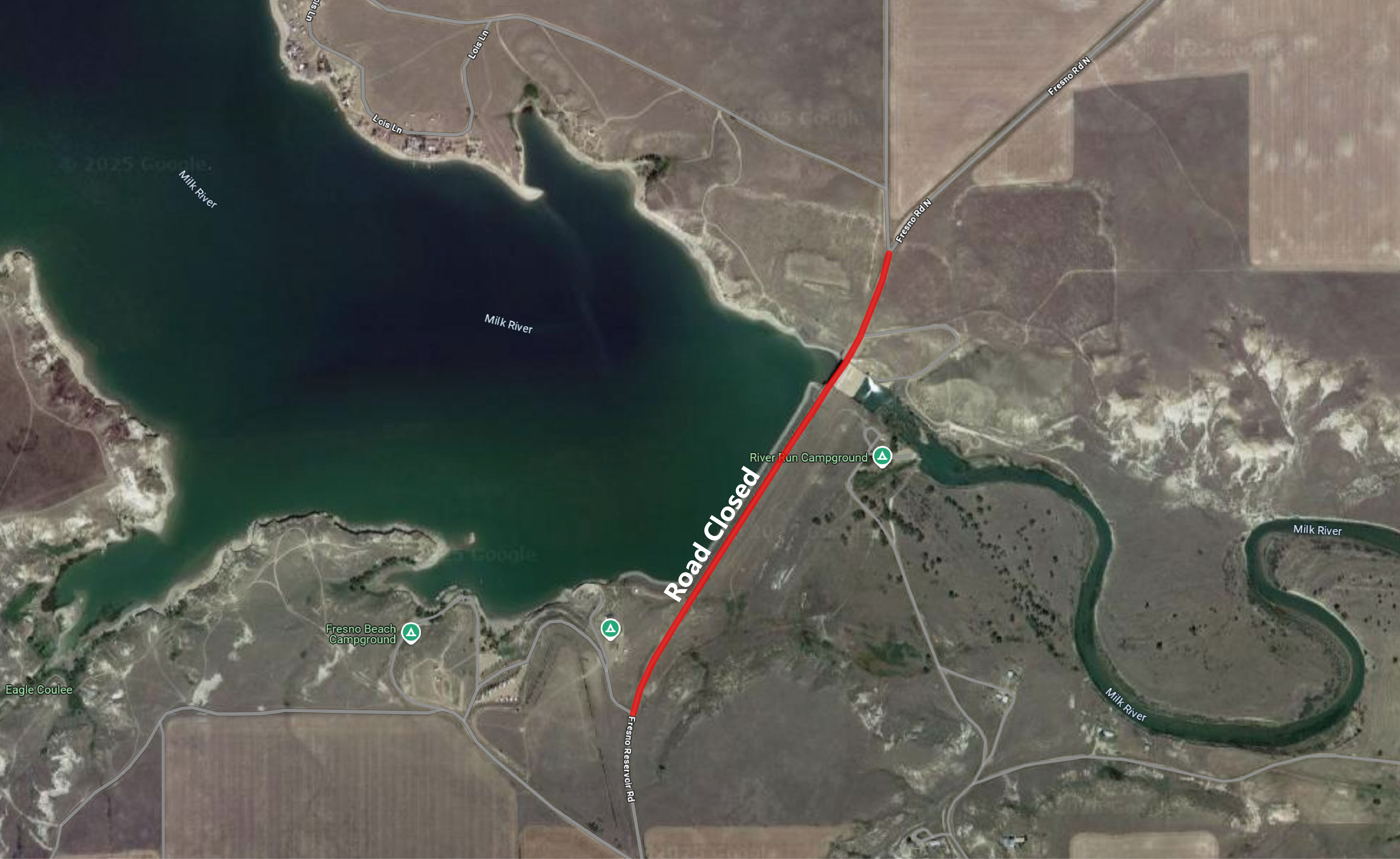 Map illustrating the temporary road closure at Fresno Reservoir